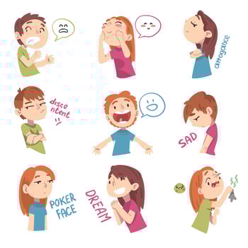 Children with Different Facial Expressions Set, Boys and Girls Showing Various Emotions Cartoon Style Illustration vector