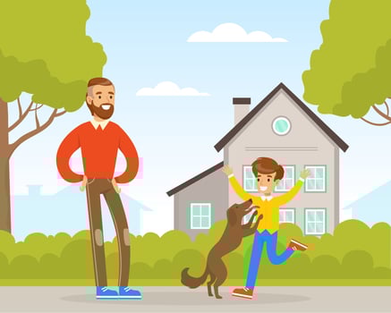 Dad and His Son Walking with Dog on the Street, Boy Playing with Pet Animal Outdoors Cartoon Illustration vector