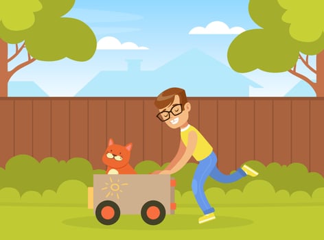 Boy Playing with Cat on Backyard, Kid ushing Car with Pet Animal in it Cartoon Illustration vector