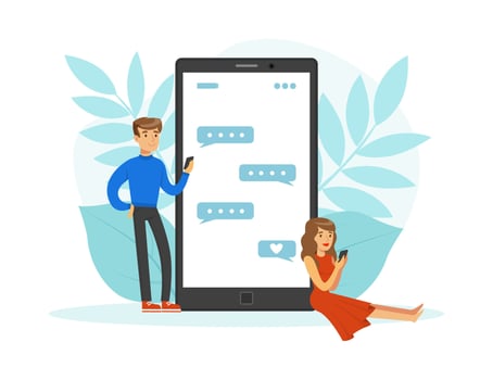 Couple Using Mobile App for Dating or Searching for Romantic Partner, Man and Woman Chatting Using Smartphones, Virtual Relationships Illustration vector