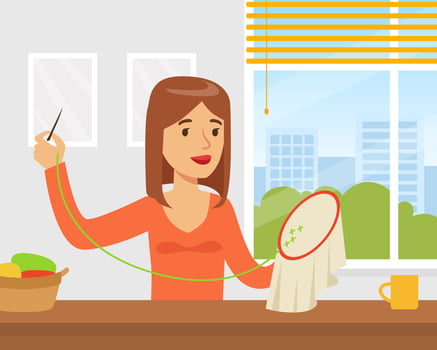 Young Woman Embroidering on Canvas, Creative Handicraft Hobby Cartoon Illustration vector