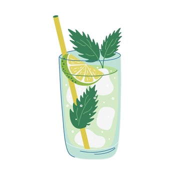 Refreshing Mojito Cocktail with lime, mint, and ice. Glass with beverage and straw. Cool Summer lemonade or iced tea. Alcohol drink made from rum. Hand drawn flat design illustration. vector