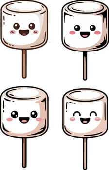 Four cute marshmallows on sticks isolated on white background vector