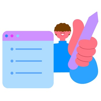 Happy man holding a pen with a note screen beside, planning and creativity concept flat illustration vector