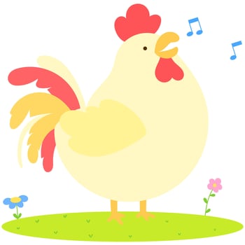 friendly rooster crowing with musical notes, cheerful farm animal flat illustration vector