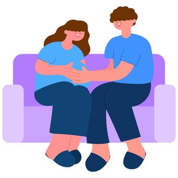 pregnant mother and her partner sitting on a couch, holding belly together, expecting a baby flat illustration vector