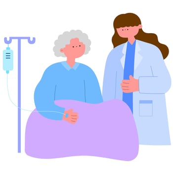 doctor examining a senior woman in a hospital bed, patient care flat illustration vector