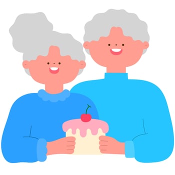 senior couple celebrating their golden anniversary with a cake, lifetime love and graceful aging flat illustration vector