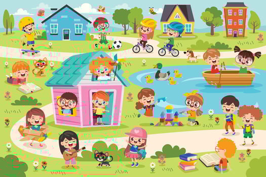 Children playing in a colorful park vector
