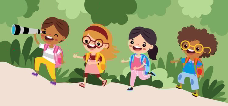 Kids exploring nature with backpacks vector