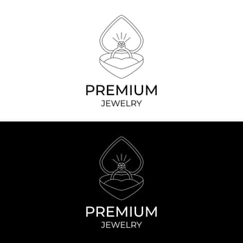 Diamond ring in heart box for wedding, jewelry, love, romantic branding in minimal line icon vector