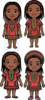 Four cartoon children in traditional african clothing isolated on white background vector