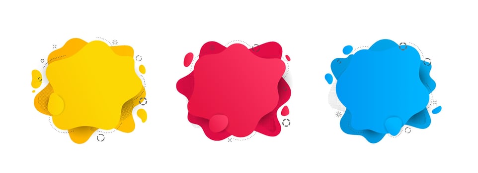 Colorful abstract fluid shape banners in yellow, red, and blue. Modern badges with vibrant geometric design. Liquid forms with space for text or quotes. vector