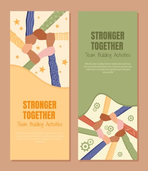 Flat banner set with hands of diverse group. Multicultural team and community reflect teamwork, solidarity, and support. Together concept with colorful elements promotes unity equality, ideal for vector