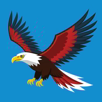 Colorful Bald Eagle Flying with Outstretched Wings on Blue Background, Illustration of Majestic Bird, Wildlife Animal, Symbol of Freedom and Power. vector