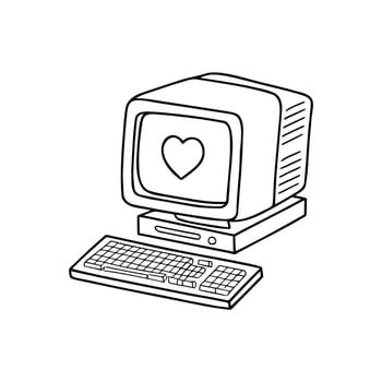 Illustration of a retro isometric computer featuring a heart doodle vector