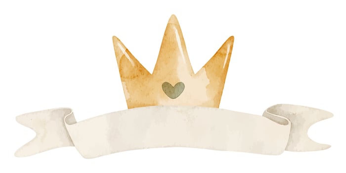 Watercolor illustration of golden Crown with a heart and a blank ribbon banner. Drawing with space for text for baby shower invitations, announcements and newborn party greeting card. vector