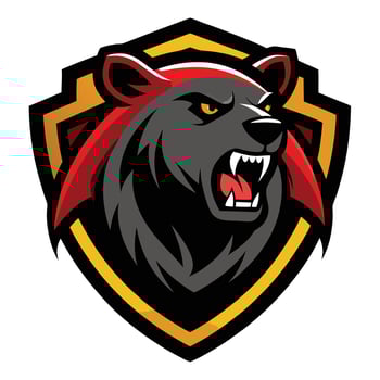 Fierce Cartoon Bear Mascot Head Logo on Shield, Angry Animal Emblem, Sports Team Symbol, Illustration for Branding, Security, and Design vector