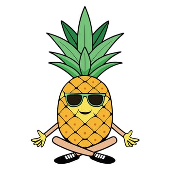 A cool pineapple cartoon character mascot with sunglasses, sitting cross-legged in a relaxing yoga pose. A chill tropical fruit for summer. vector
