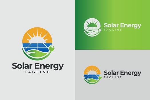Ecological Solar Energy Logo Design. Green Power Symbol With Leaf And Sun In Minimal Style. vector