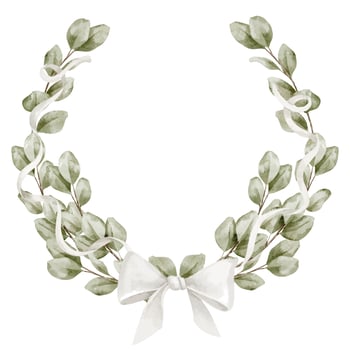 Watercolor illustration of Eucalyptus wreath with a ribbon wrapped frame and bow. Drawing of round Template with plants and leaves for wedding invitations or Baby shower greeting cards. vector