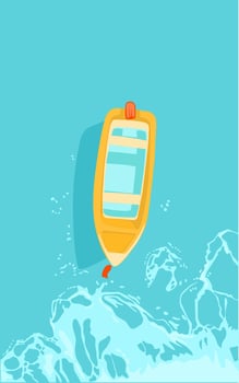 Small yellow boat on blue background sea water. Vertical view vector