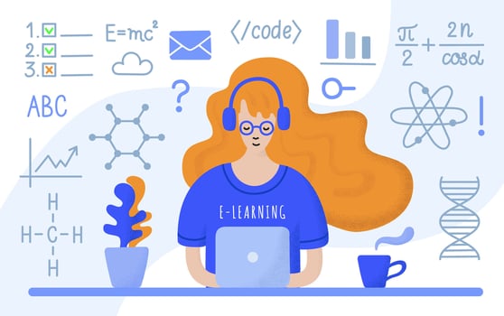 Young long red haired Student Girl in glasses, headphones and blue t-shirt sitting at the table with Laptop, Learning Online. Hand-drawn flat illustration vector