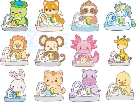 Cartoon animals in bathtubs vector