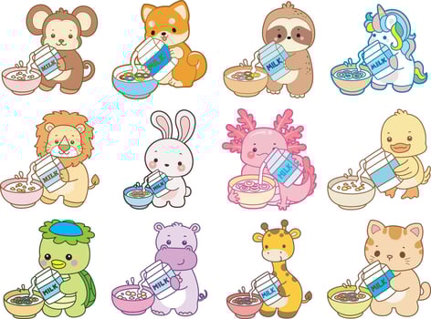 Cute animals drinking milk from bowls vector