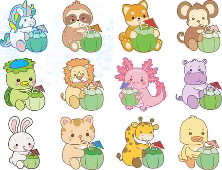 Cartoon animals drinking colorful beverages vector