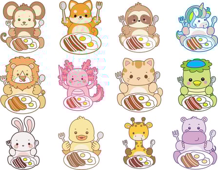 Cartoon animals with breakfast plates vector