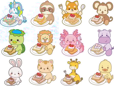 Cute animals eating waffles with toppings vector