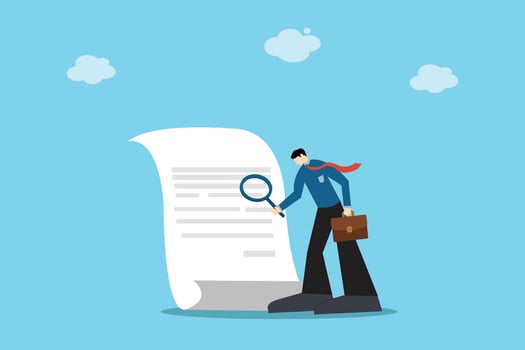 Businessman analyzing document with magnifying glass, representing attention to detail, review, and business inspection. vector