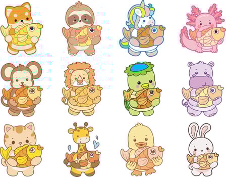Cartoon animals with fish illustrations vector