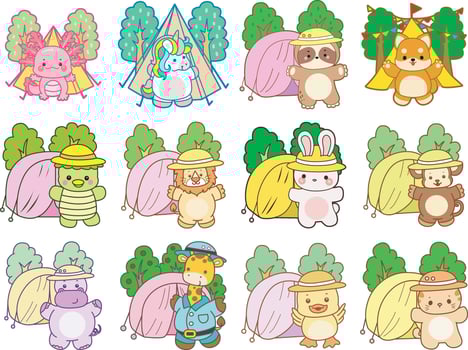 Colorful camping animals in a row vector