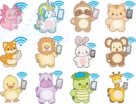 Cartoon animals holding smartphones and Wi-Fi vector