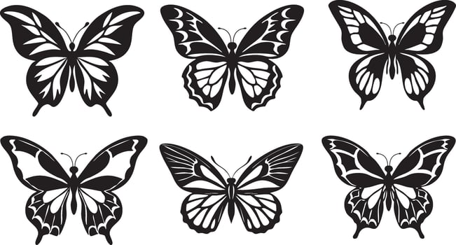 Six Black Silhouette Butterflies With Intricate Wing Patterns On White butterfly black and white vector