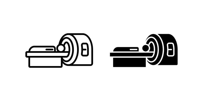 Ct Scan icon set. A simple outline and silhouette style illustration of an MRI scanner machine used in medical diagnostics. Represents modern healthcare technology. vector