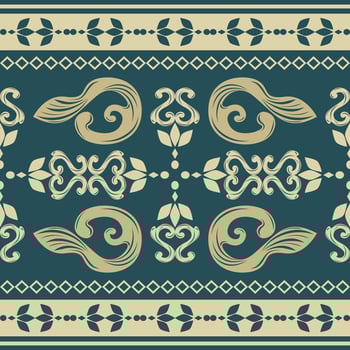 Flawless Ivory Ethnic Motif Florals Medieval Style On Dark Green Background Seamless Border Pattern for Handicraft Products Wallpaper Fleur de lis Culture Silk Weaves Fabric Prints Textiles Ceramic vector