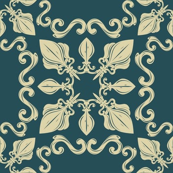Flourishes Exquisitely Seamless Filigree Florals Baroque Textiles Scroll Ornament Ivory on Dark Green Background. Delicate Fine Art Nouveau Medieval Style for Decoration Repeat Detailed Tiles Textiles vector