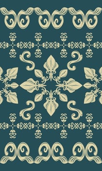 Gorgeous Delicate Ivory Bohemian Damask Style Floral Striped on Deep Green Background. Delicate Ornament for Luxury Oriental Rich Design for Interior silk Weaves Handicraft Embroidery Exquisite Batik vector