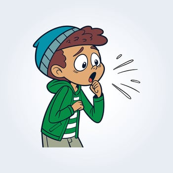 An illustration of a boy coughing and wearing a green hoodie and blue cap vector