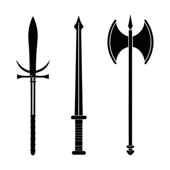 Collection of Medieval Weapons Silhouettes A Sword a Longsword and a Double Bladed Axe Black and White Illustration of Ancient Fighting Tools for Fantasy or vector