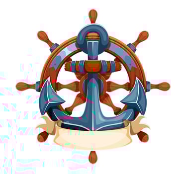 Cartoon steering wheel and ship anchor emblem vector