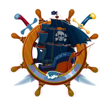 Cartoon pirate sail ship, steering wheel, sabres vector