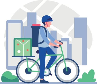 Cyclist using electric bike for delivery vector