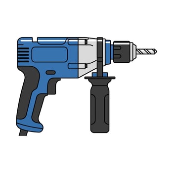 A blue and grey corded electric hammer drill power tool illustration with an auxiliary handle. vector