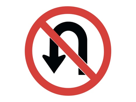 Prohibition road sign with black U-turn arrow and red circle isolated on white background, graphic illustration. Concept of no U turn, traffic movement restriction, road regulation vector