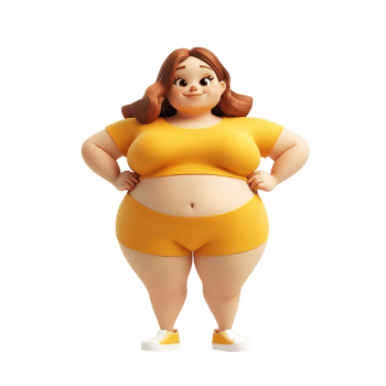 Cartoon figure of a plus-size woman in yellow sportswear isolated on a transparent background. png