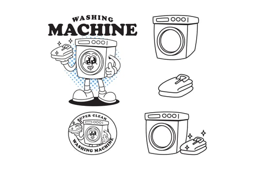 Washing machine retro cartoon set with showing thumb up and holding folded clothes. Washing machine mascot character logo in outline style for laundry service. Playful appliance illustration. vector
